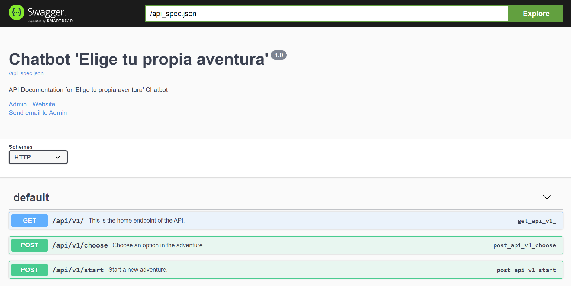 Captura de pantalla de Chatbot API "Elige tu propia aventura"