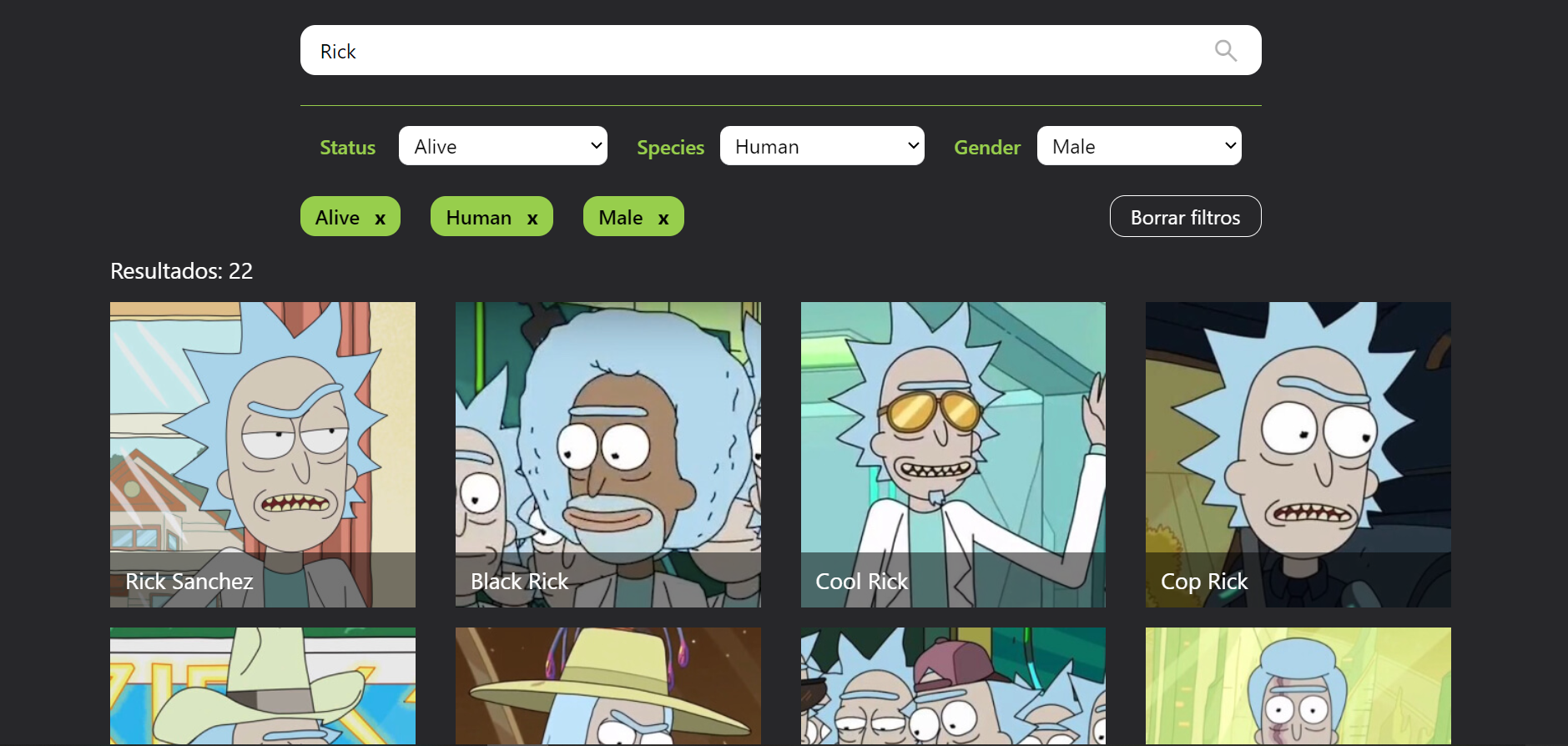 Captura de pantalla de Rick and Morty APP + GraphQL